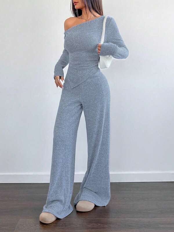 WOMEN'S ASYMMETRICAL NECK PLUSH T-SHIRT AND WIDE LEG CASUAL PANTS 2-PIECE SET