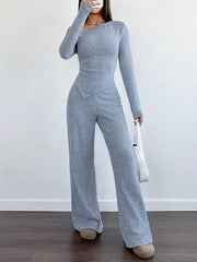 WOMEN'S ASYMMETRICAL NECK PLUSH T-SHIRT AND WIDE LEG CASUAL PANTS 2-PIECE SET