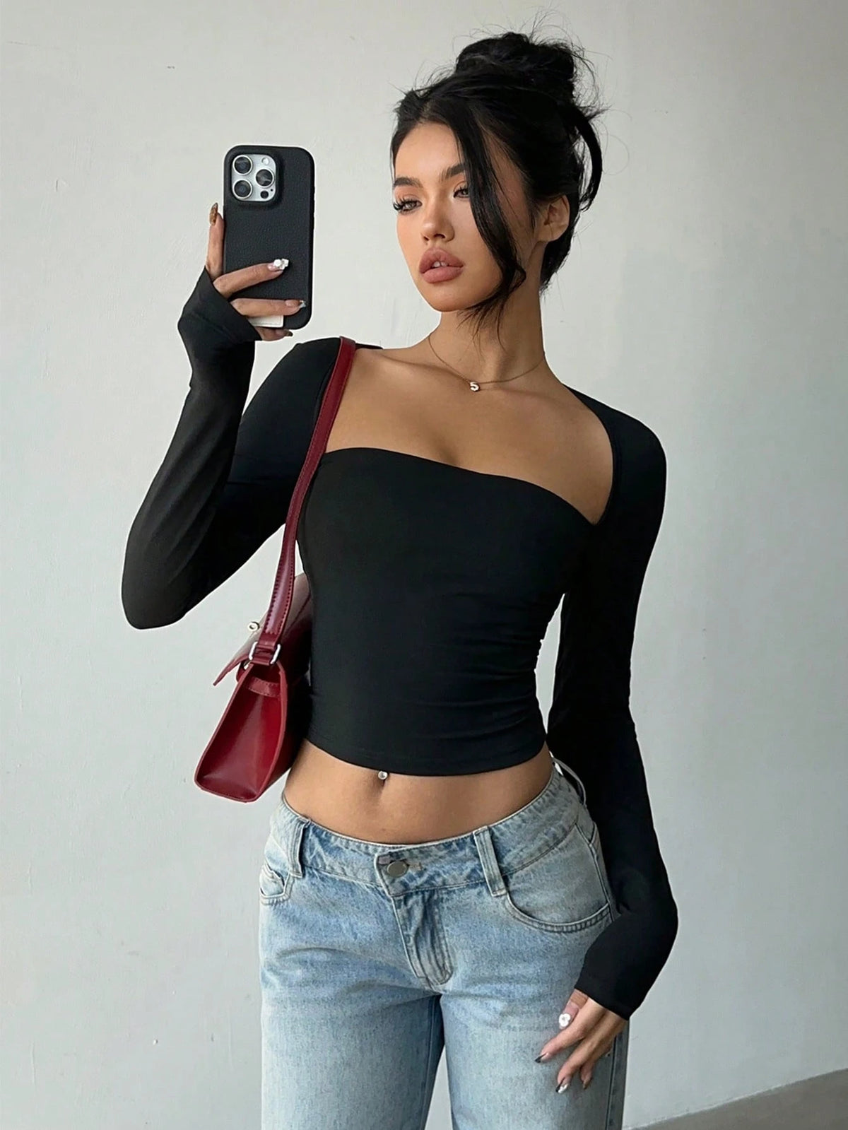 BACKLESS TIE-UP LONG SLEEVE SLIM FIT CASUAL TOP
