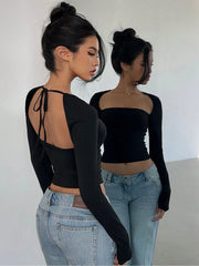 BACKLESS TIE-UP LONG SLEEVE SLIM FIT CASUAL TOP