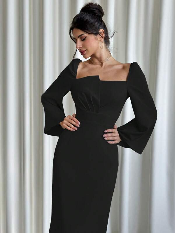 Women Asymmetrical Flared Sleeve Scoop Neck Elegant Dress
