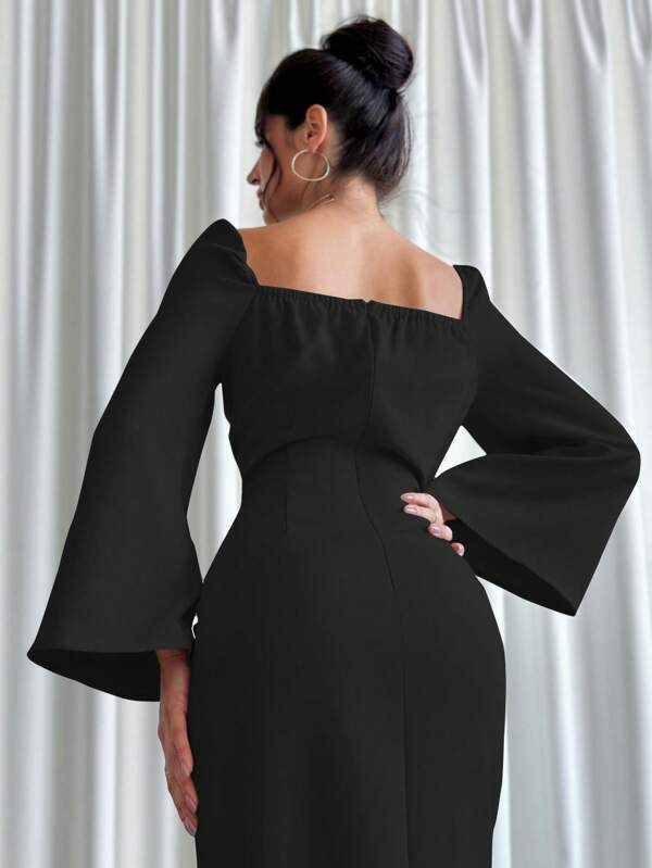 Women Asymmetrical Flared Sleeve Scoop Neck Elegant Dress