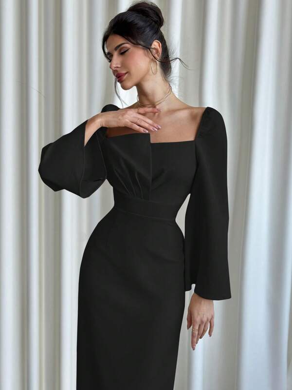 Women Asymmetrical Flared Sleeve Scoop Neck Elegant Dress