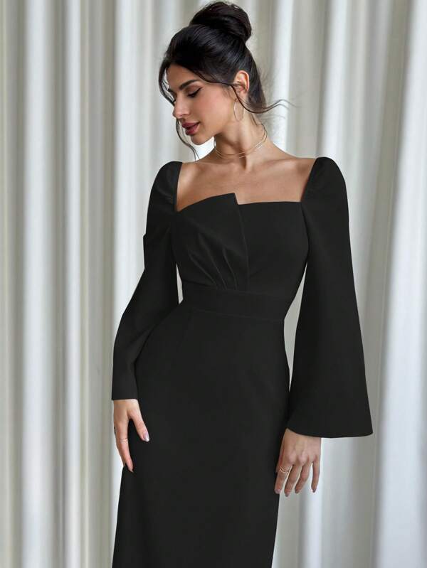 Women Asymmetrical Flared Sleeve Scoop Neck Elegant Dress