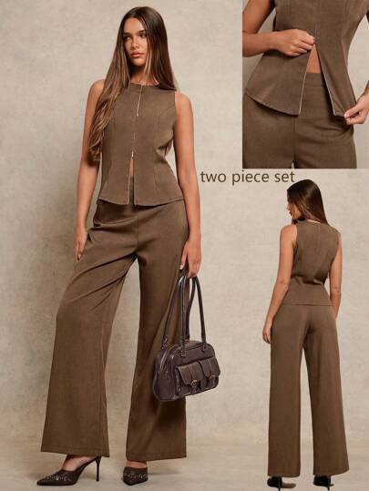 Women's 2pcs Set  Notch Neck Double-Zipper Waist Casual