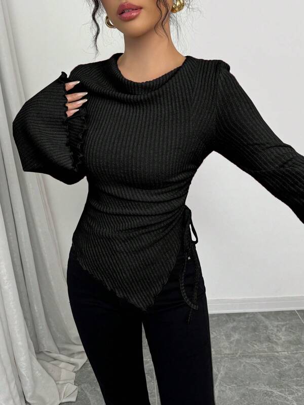 Women's Turtleneck Flare Sleeve Asymmetrical Hem Drawstring Top