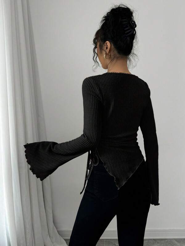 Women's Turtleneck Flare Sleeve Asymmetrical Hem Drawstring Top