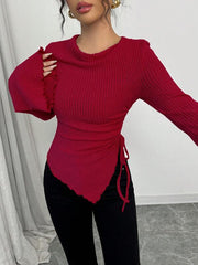 Women's Turtleneck Flare Sleeve Asymmetrical Hem Drawstring Top