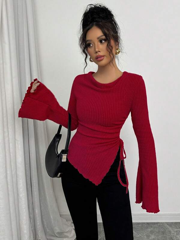 Women's Turtleneck Flare Sleeve Asymmetrical Hem Drawstring Top