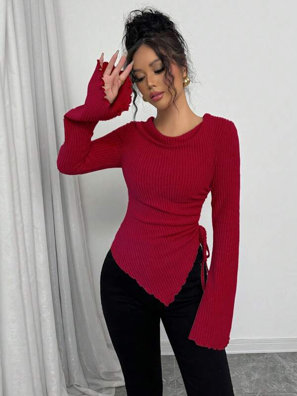Women's Turtleneck Flare Sleeve Asymmetrical Hem Drawstring Top