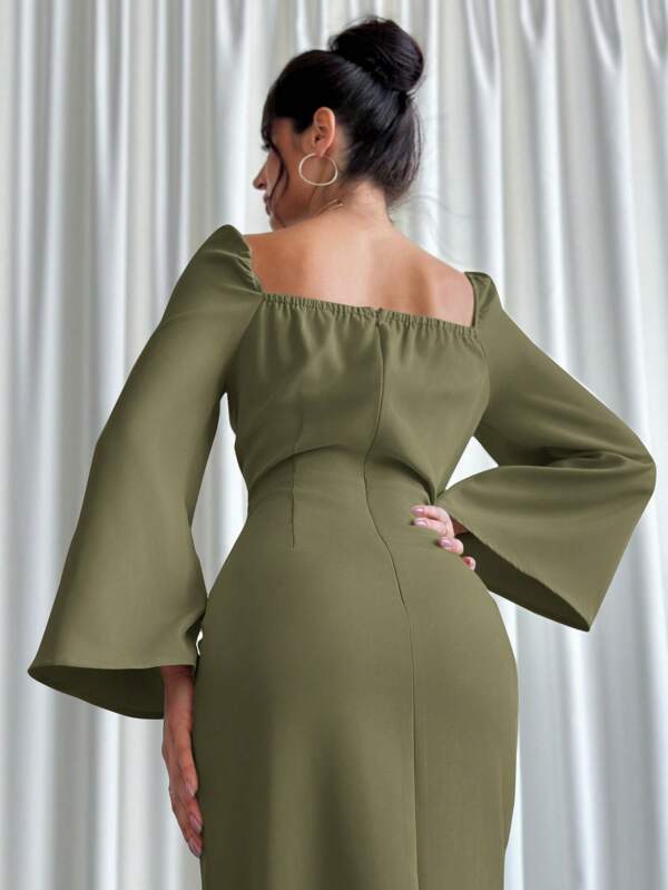 Women Asymmetrical Flared Sleeve Scoop Neck Elegant Dress
