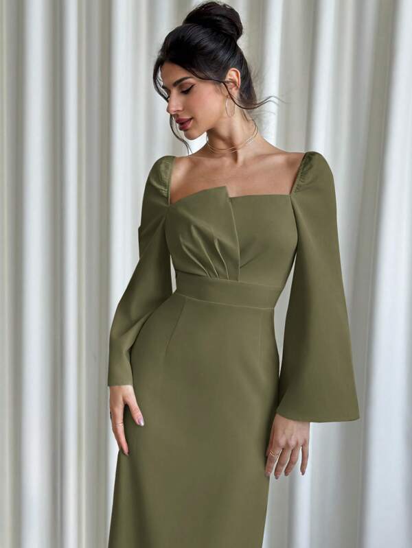 Women Asymmetrical Flared Sleeve Scoop Neck Elegant Dress