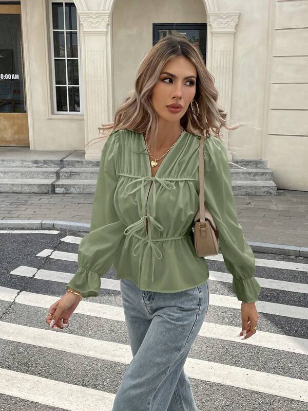 Women's Casual Solid Color Tie Up Shirt