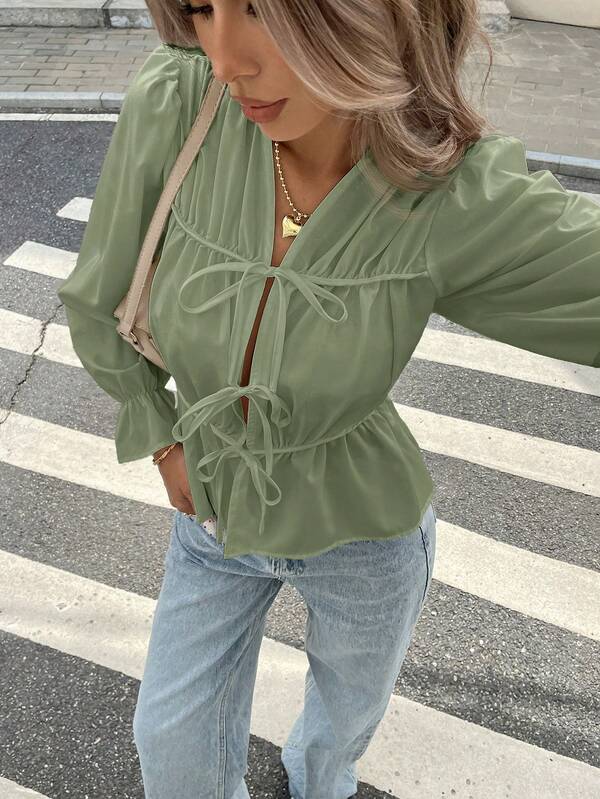 Women's Casual Solid Color Tie Up Shirt