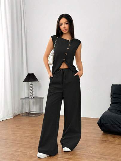 Women's 2pcs Set Sleeveless Top & Wide Leg Pant