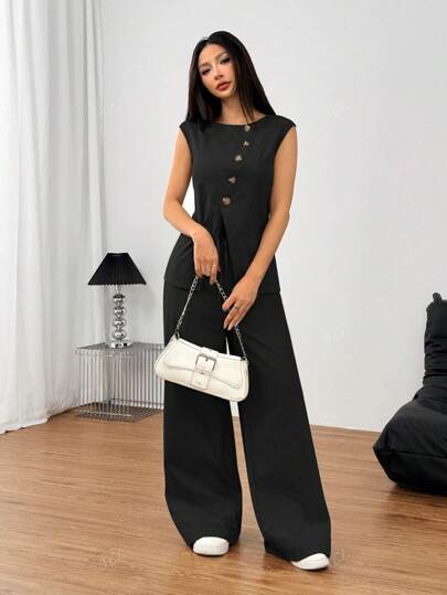 Women's 2pcs Set Sleeveless Top & Wide Leg Pant