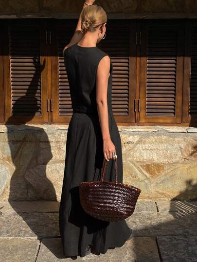 Women's 2pcs Set Solid Color Fitted Sleeveless V-Neck Vest And A-Line Skirt