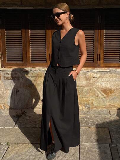 Women's 2pcs Set Solid Color Fitted Sleeveless V-Neck Vest And A-Line Skirt