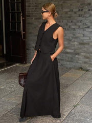 Women's 2pcs Set Solid Color Fitted Sleeveless V-Neck Vest And A-Line Skirt