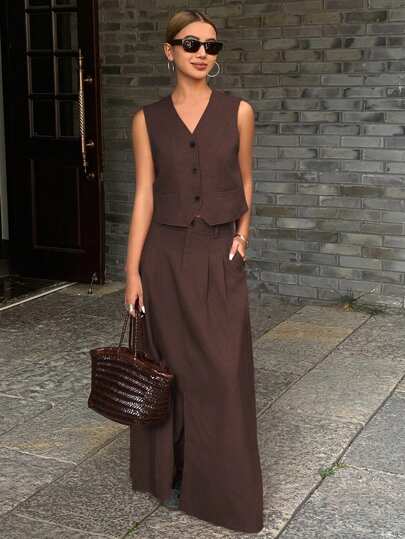 Women's 2pcs Set Solid Color Fitted Sleeveless V-Neck Vest And A-Line Skirt