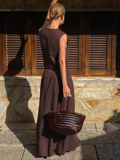 Women's 2pcs Set Solid Color Fitted Sleeveless V-Neck Vest And A-Line Skirt