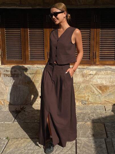 Women's 2pcs Set Solid Color Fitted Sleeveless V-Neck Vest And A-Line Skirt