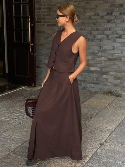 Women's 2pcs Set Solid Color Fitted Sleeveless V-Neck Vest And A-Line Skirt