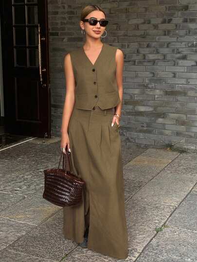 Women's 2pcs Set Solid Color Fitted Sleeveless V-Neck Vest And A-Line Skirt