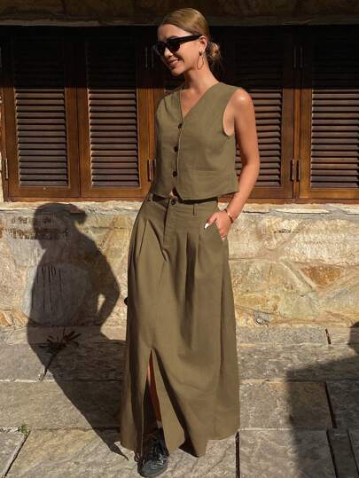Women's 2pcs Set Solid Color Fitted Sleeveless V-Neck Vest And A-Line Skirt