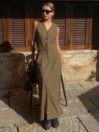 Women's 2pcs Set Solid Color Fitted Sleeveless V-Neck Vest And A-Line Skirt