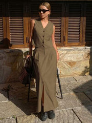 Women's 2pcs Set Solid Color Fitted Sleeveless V-Neck Vest And A-Line Skirt