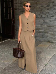 Women's 2pcs Set Solid Color Fitted Sleeveless V-Neck Vest And A-Line Skirt