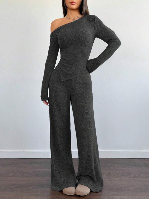 WOMEN'S ASYMMETRICAL NECK PLUSH T-SHIRT AND WIDE LEG CASUAL PANTS 2-PIECE SET