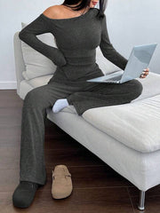 WOMEN'S ASYMMETRICAL NECK PLUSH T-SHIRT AND WIDE LEG CASUAL PANTS 2-PIECE SET