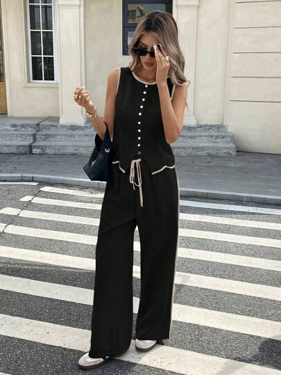 Women Colorblock Piping Front Button Crew Neck Sleeveless Top And Drawstring Long Pants Set