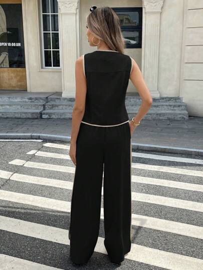 Women Colorblock Piping Front Button Crew Neck Sleeveless Top And Drawstring Long Pants Set