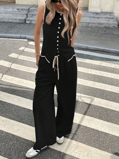 Women Colorblock Piping Front Button Crew Neck Sleeveless Top And Drawstring Long Pants Set