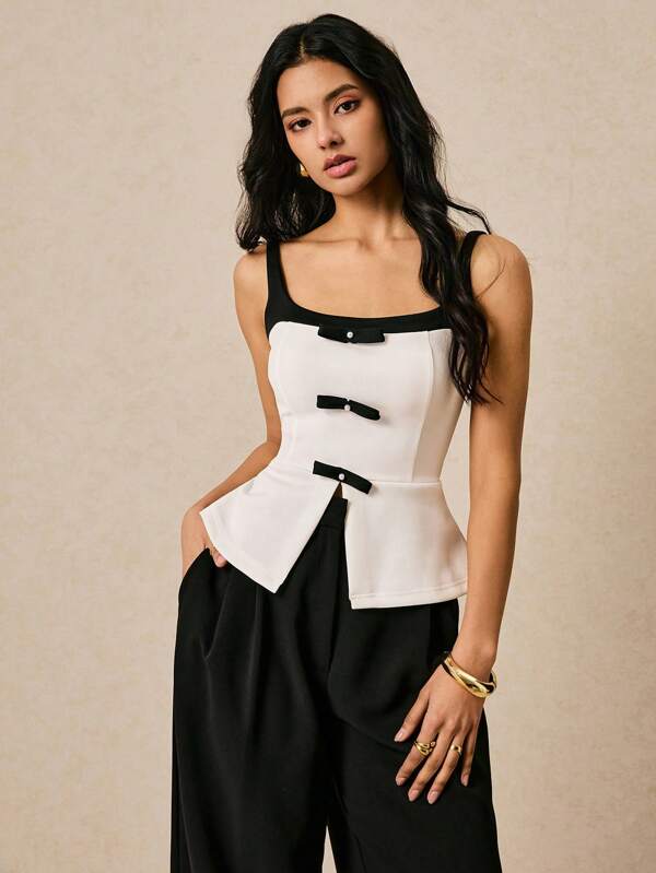 Women's Vest Bow Decoration Top Wiith wide leg pants