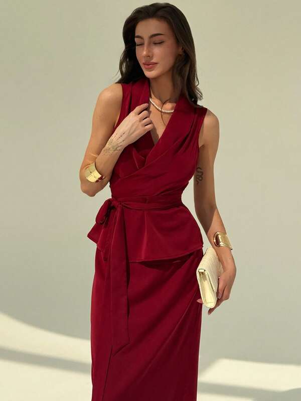 Women's  Elegant Solid Color Wrap Camisole And Skirt