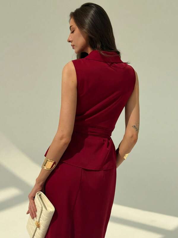 Women's  Elegant Solid Color Wrap Camisole And Skirt