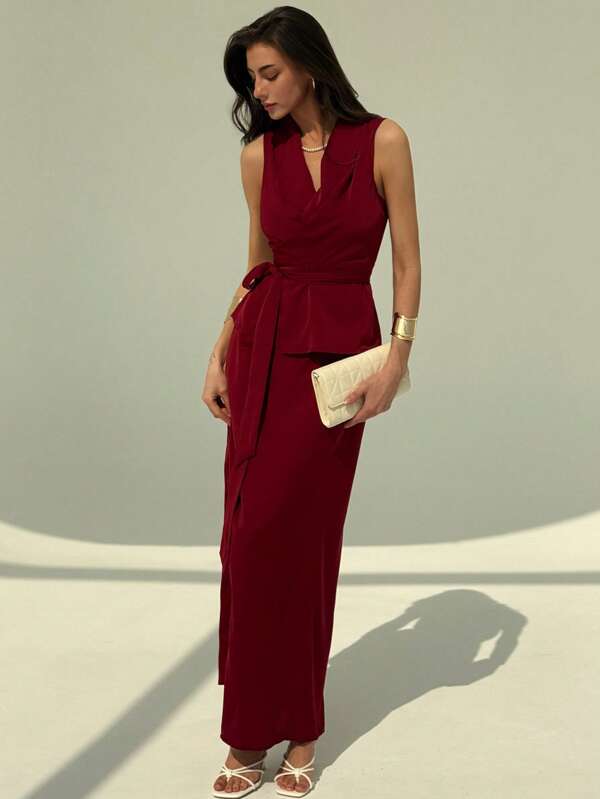 Women's  Elegant Solid Color Wrap Camisole And Skirt