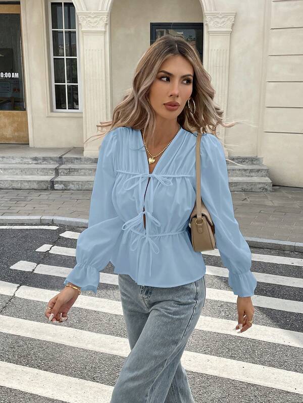 Women's Casual Solid Color Tie Up Shirt