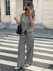 Women Colorblock Piping Front Button Crew Neck Sleeveless Top And Drawstring Long Pants Set
