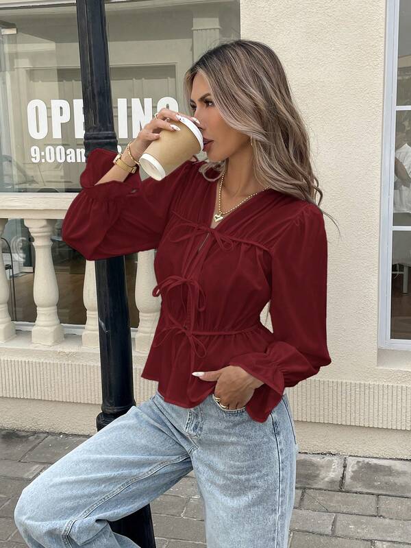 Women's Casual Solid Color Tie Up Shirt