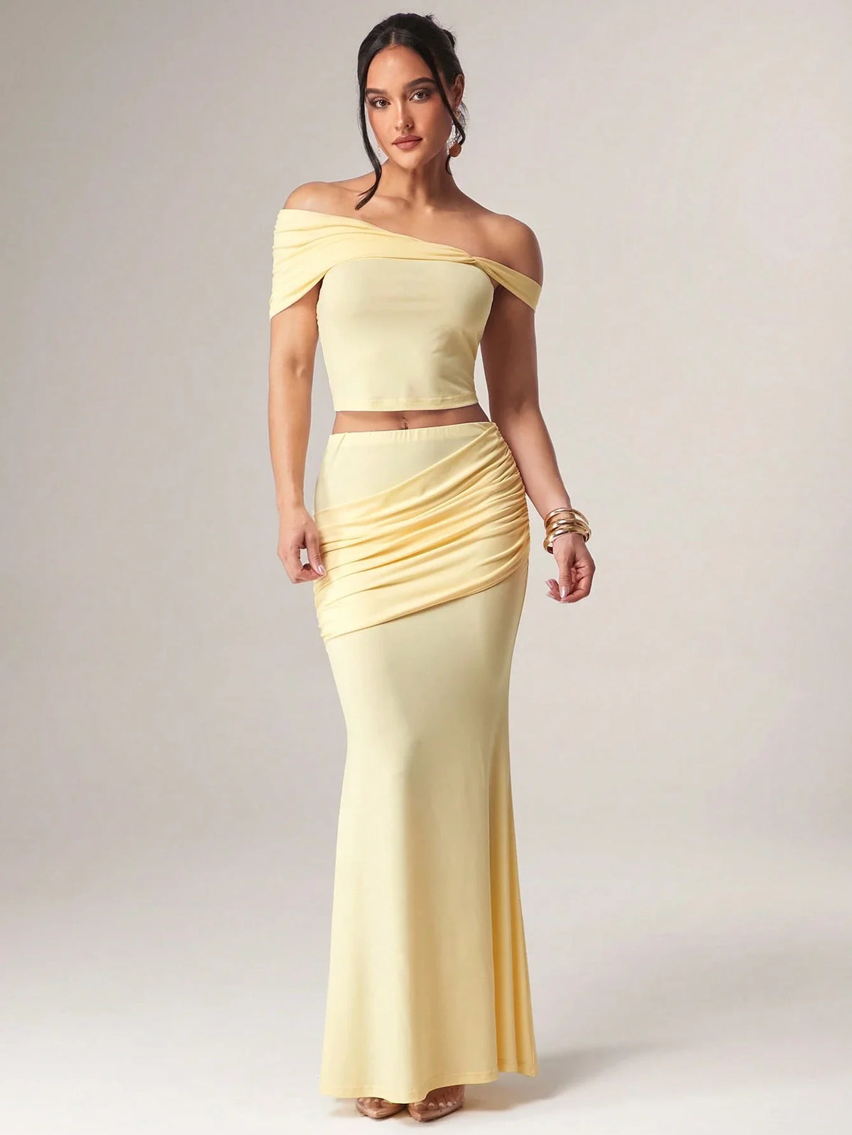 OFF-THE-SHOULDER TOP AND RUCHED SKIRT