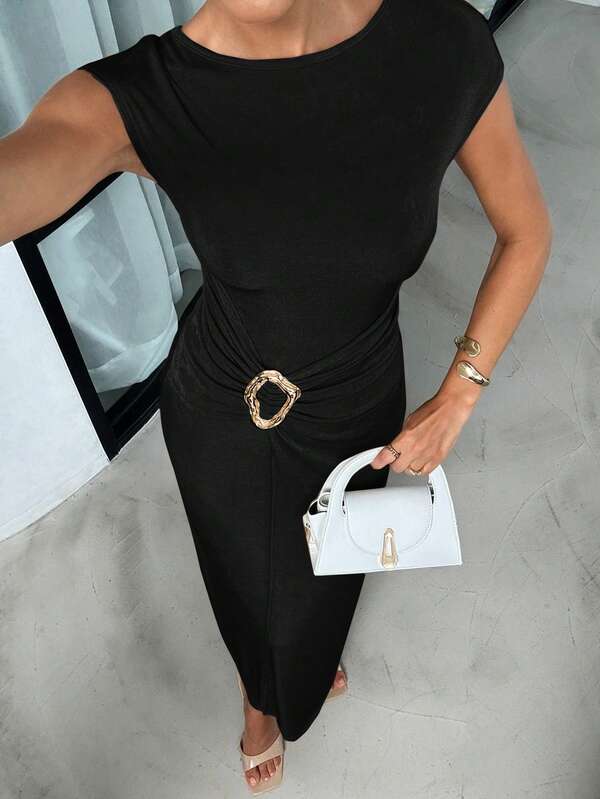 Women's Round Neck Short Sleeve Metal Decor Slim Fit Dress