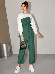 Women's  Two Tone Belted Top & Pants 2 Piece Set
