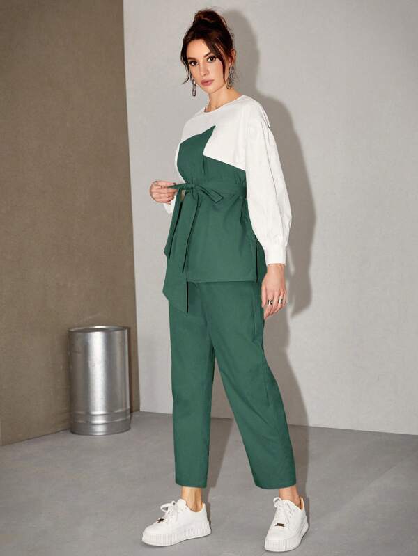 Women's  Two Tone Belted Top & Pants 2 Piece Set