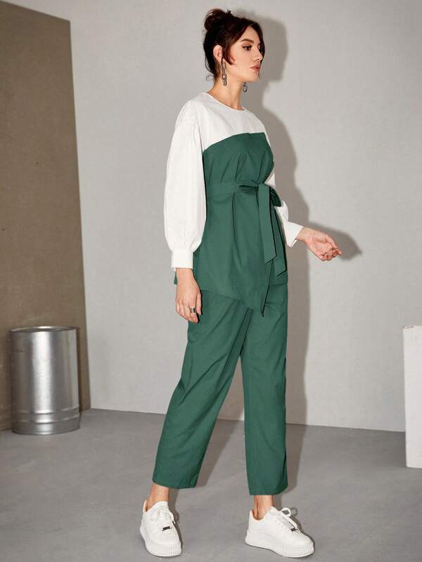 Women's  Two Tone Belted Top & Pants 2 Piece Set