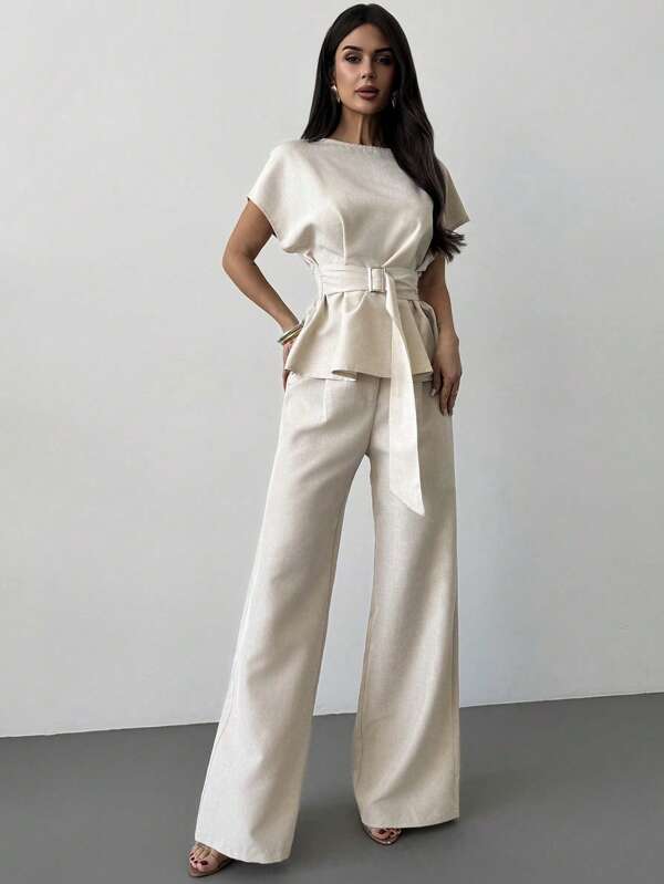 Women's Knot Collar Cinched Waist Button Blouse & High Waist Straight Wide Leg Pants